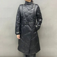 Women's Winter Leather Jacket Long Thick Warm Duck Down Padding Trench Coat Lady Fashion Leather Down Coat Belt