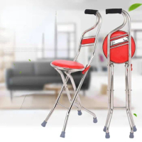 Stainless Steel Portable Elderly Cane Stool Four-Legged Base Folding Walking Stick with Seat Multi-Functional Mobility Aid