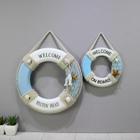 地中海木質創意海洋救生圈歡迎牌掛件壁掛飾游泳圈漁網裝飾道具