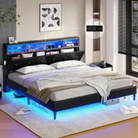King Size Bed Frame with LED Lights and Headboard Storage, LED Bed Frame King Size with Charging Station, Upholstered Bed Frame