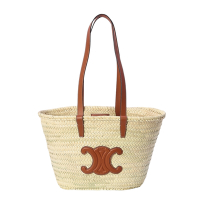 CELINE 賽琳 Medium Classic Panier 中款 棕櫚葉 牛皮革 菜籃子 托特包 草編包 黃褐色 192622EFA.04LU