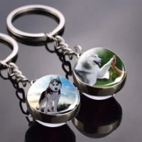 Animal Key Chain Siberian Husky Key Ring Double Side Glass Ball Keychain Dog Keyring Animals Jewelry