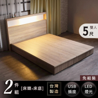 IHouse 山田日式附插座燈光雙人5尺房間組(床頭+床底 雙人床組)