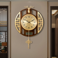 新中式實木掛鐘客廳家用純銅掛表輕奢萬年歷鐘表裝飾電子掛墻時鐘