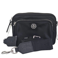 【TORY BURCH】TB 圓標LOGO尼龍相機包斜背包(黑色/贈原廠防塵袋紙袋 母親節送禮)
