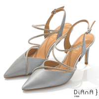 DIANA 10cm極光牛皮x水鑽軟條飾帶環踝尖頭跟鞋-獨特美學-銀