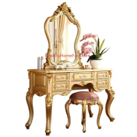 Customizable European Classical Dressers Table Solid Wood Dressing Table Villa Bedroom Dressing Cabinet Makeup Table W/ Mirror