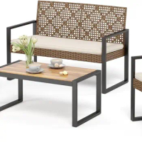 4 Pieces Patio Conversation Set | Wicker Outdoor Furniture | Patio Furniture Set with Love Seat | Wood Patio Coffee Table&amp;Chairs