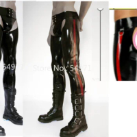 Latex Jeans Tight Chaps Sexy Latex Rubber Pants with Red Strips Long Trousers Men's Sexy Latex Pants (NO Briefs) Customized