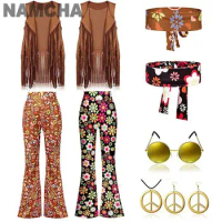 Hippie Party Costume Suit Vintage Indian Fringe Costume 60s 70s Vest Pants Turban Earrings Necklace Sunglasses Accessory Outfits