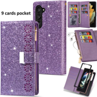 Woman Sparkle Glitter 9 Cards Pocket Wallet Leather Book Flip Case For Samsung Galaxy Z Fold5 Fold 5