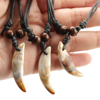 1PCS Immitation Yak Bone Wolf Tooth Charms Pendant Necklace For Women Men Wood Beads Black Wax Cord Amulet Surfer Necklace 2022