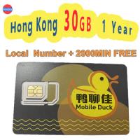 HongKong 1 Year 30 / 50GB & 2000MIN Local call；Mobile Duck Prepaid LTE Sim Card；Hong Kong phone Numb