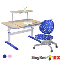 【SingBee 欣美】寬115cm SBD-504 手搖L板成長桌+80上層板+126椅-藍/粉 (書桌椅 兒童桌椅 兒童書桌椅 升降桌)