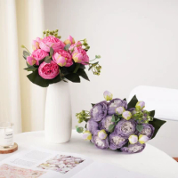 Hot Selling 1bunch Rose Blue Silk Bouquet Peony Artificial Flower 5 Big Head 4 Small Bud Bride Wedding Home Decor