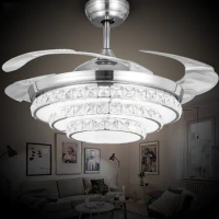 42 Inch Invisible Reversible Ceiling Fan with LED Light and Remote, Indoor Crystal Ceiling Light Kits with Retractable Fans