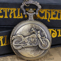 Engraved Motorcycle Pattern Quartz Pocket Watch Design Pendant Fob Watch Chain Gifts for Men Women
