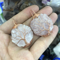 Tree Of Life Wire Wrap Hand Knocked Rough Natural Rose Quartzs Crystal Necklace Pendants MY220838
