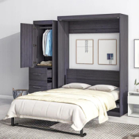 Full Size Murphy Bed with Wardrobe and Drawers, Storage Bed, can be Folded into a Cabinet, with 1 Wardrobe and 3 Drawers, Gray