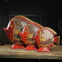 泰國實木雕刻年年有魚開業擺件客廳電視柜辦公室創意裝飾工藝品