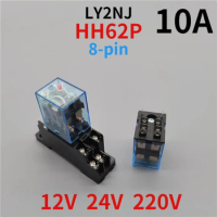 1pcs Ly2nj Hh62p Miniature Electromagnetic Relay 10A 8-pin Coil DPDT, Hhc68a-2z with Socket Base DC12V, 24V AC220V with Base