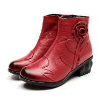 【Vecchio】真皮短靴 粗跟短靴/真皮手工立體花朵純色復古粗跟短靴(紅)