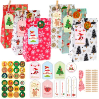 24Sets Christmas Paper Bags Santa Claus Snowflake DIY Gift Wrapping Bag Xmas Party Favor Candy Bags with Advent Calendar Sticker
