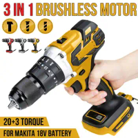 3 in 1 18V Brushless Electric Impact Drill 13mm 20+3 Torque Electric Screwdriver Cordless Hammer Drill for Makita 18V Battery