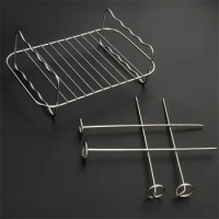 Stainless Steel Air Fryer Grilling Rack with 4 Skewers Double Layer Roasting Cooking Rack Dishwasher Safe Steam Stand Oven