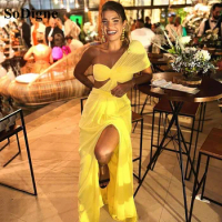SoDigne Yellow Evening Dresses Sexy Side Split Mermaid Evening Gowns Sweetheart One Shoulder Banquet Party Formal Prom Gowns