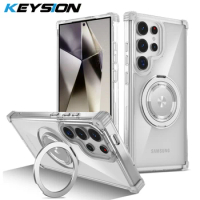 KEYSION Transparent Case for MagSafe for Samsung S24 Ultra S23 FE S22+ Magnetic Ring Stand Phone Cover for Galaxy Note 20 Ultra