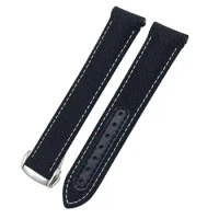 PCAVO 20mm Watchbands Canvas Leather Bottom Watchband for Omega Seamaster 300 Speedmaster AT150 Planet Ocean Nylon Watch Strap