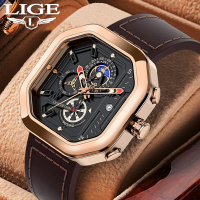 LIGE นาฬิกาควอตซ์สำหรับผู้ชายนาฬิกาแปดเหลี่ยมนาฬิกามัลติฟังก์ชั่นโครโนกราฟนาฬิกากันน้ำแบบสปอร์ต ~
