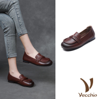 【Vecchio】真皮樂福鞋 低跟樂福鞋/全真皮頭層牛皮簡約翻摺寬楦低跟樂福鞋(咖)