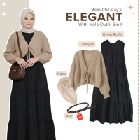 Outfit Wanita Kekinian 3in1 (Dress Ruffle + Cardigan + Hijab + Belt) OOTD Set Lebaran