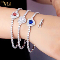 Pera Romantic Love Heart Design Shiny Cubic Zirconia Red Blue Charm Bracelets for Ladies Christmas Hand Jewelry Party Gift B184