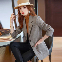 Woolen Blazer Jacket for Women, Korean Fall and Winter Casual Short Plaid Blazer Jacket, Female Office Lady Women's Blazer Top