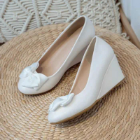 Women Ballet Bow Shoes Black Women Wedges Shoes For Office Work Boat Shoes Cloth Sweet Loafers Women's Pregnant Wedges Shoes