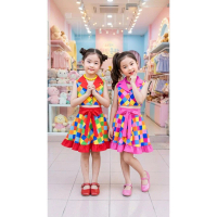 Girls' Modern Thai Dress, Gold Collar, Sleeveless Collar Shirt. Flared Skirt # N