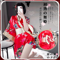 情趣和服！日系印花低領寬袖立體蝴蝶結腰封側高衩三件組 E536007 性感和服 日式浴袍