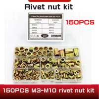 150PCS Rivet Nut +Hand Threaded Rivet Nuts Gun BT605 M3 -10 Double Insert Manual Riveter Gun Riveting Rivnut Rivet Tool