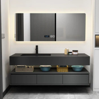 Modern Wall Mounted Matte Black Slate Bathroom Cabinet Vanity Set Single Sink Floating Vanity With Mirror