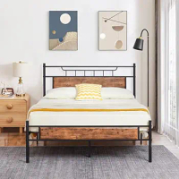 Queen Size Platform Bed Frame With Wood Headboard/Mattress Foundation/Steel Slats Support/No Box Spring Needed Furniture Home