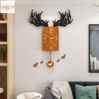 北歐 時尚 鹿頭鐘錶 搖擺掛鐘 靜音 木紋掛鐘客廳現代 簡約時鐘 藝術 家用鍾飾