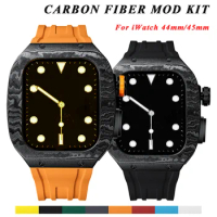 Carbon Fiber Case For Apple Watch Series 8 45MM Modification Kit Fluororubber Rubber Strap For iWatch 7 6 5 4 SE 44MM Mod Kit