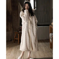 Korea Style Women's Winter Bathrobe Solid Long Sleeve Ladies Sleepwear Single Breasted Fleece Warm Thick Pajama for Female
