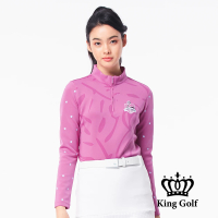 【KING GOLF】速達-女款火鶴刺繡星星印花立領拉鍊中厚款長袖POLO衫(紫色)