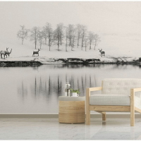 現代簡約3D壁畫北歐麋鹿樹林墻紙家用臥室壁紙黑白客廳電視背景墻