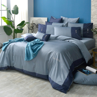 義大利La Belle 靜致混搭 特大長絨細棉刺繡四件式被套床包組(共兩色)-藍色