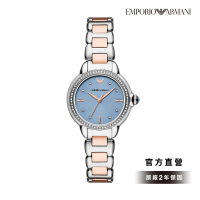 【EMPORIO ARMANI 官方直營】Mia 莫蘭迪藍撞色環鑽女錶 銀色x玫瑰金不鏽鋼錶帶手錶 32MM AR11597